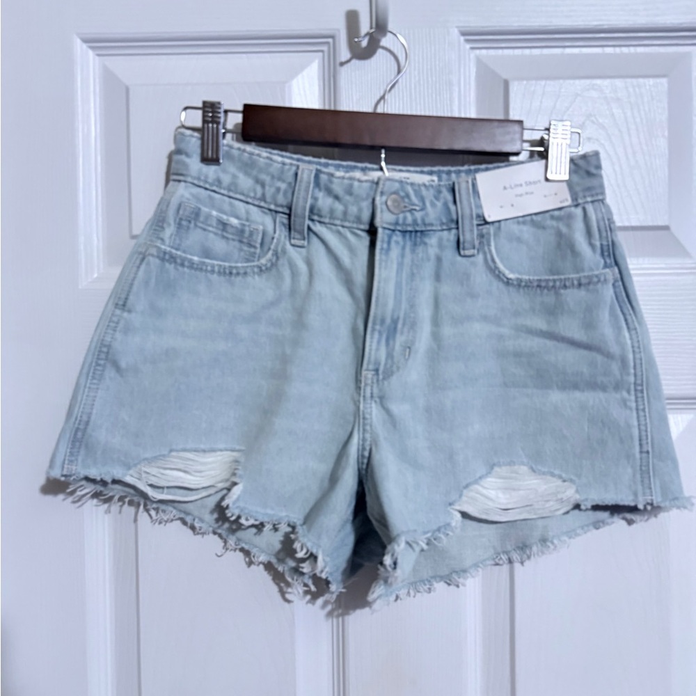 Hollister Light Blue High Rise A-Line Distressed Denim Shorts
